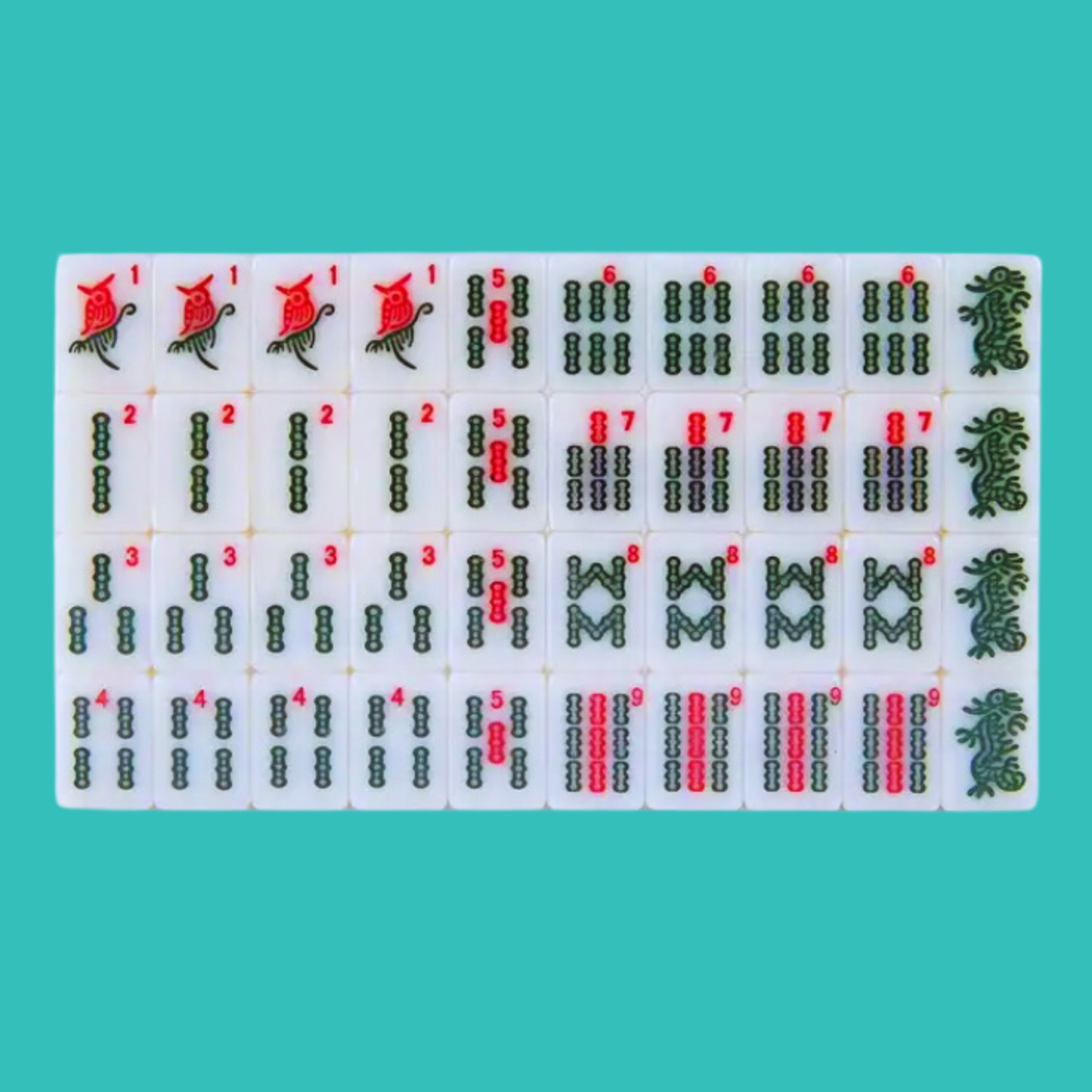 Mahjong Traditional Mini American Series Travel American Mahjongg Tile Set of 166 melamine white tiles, bright pink and teal bag, custom instruction and tips card, 2 colorful dice- Bam Bamboo Green Dragon Tiles