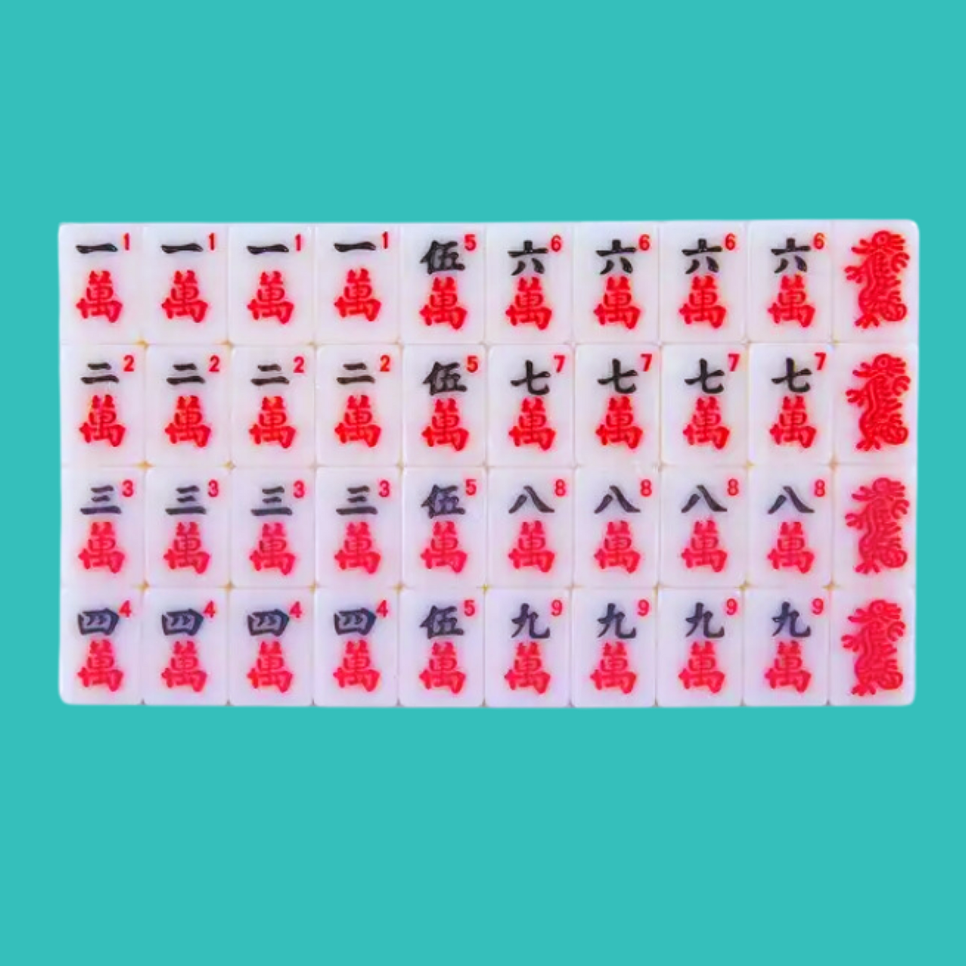 Mahjong Traditional Mini American Series Travel American Mahjongg Tile Set of 166 melamine white tiles, bright pink and teal bag, custom instruction and tips card, 2 colorful dice- crack crak red dragon tiles