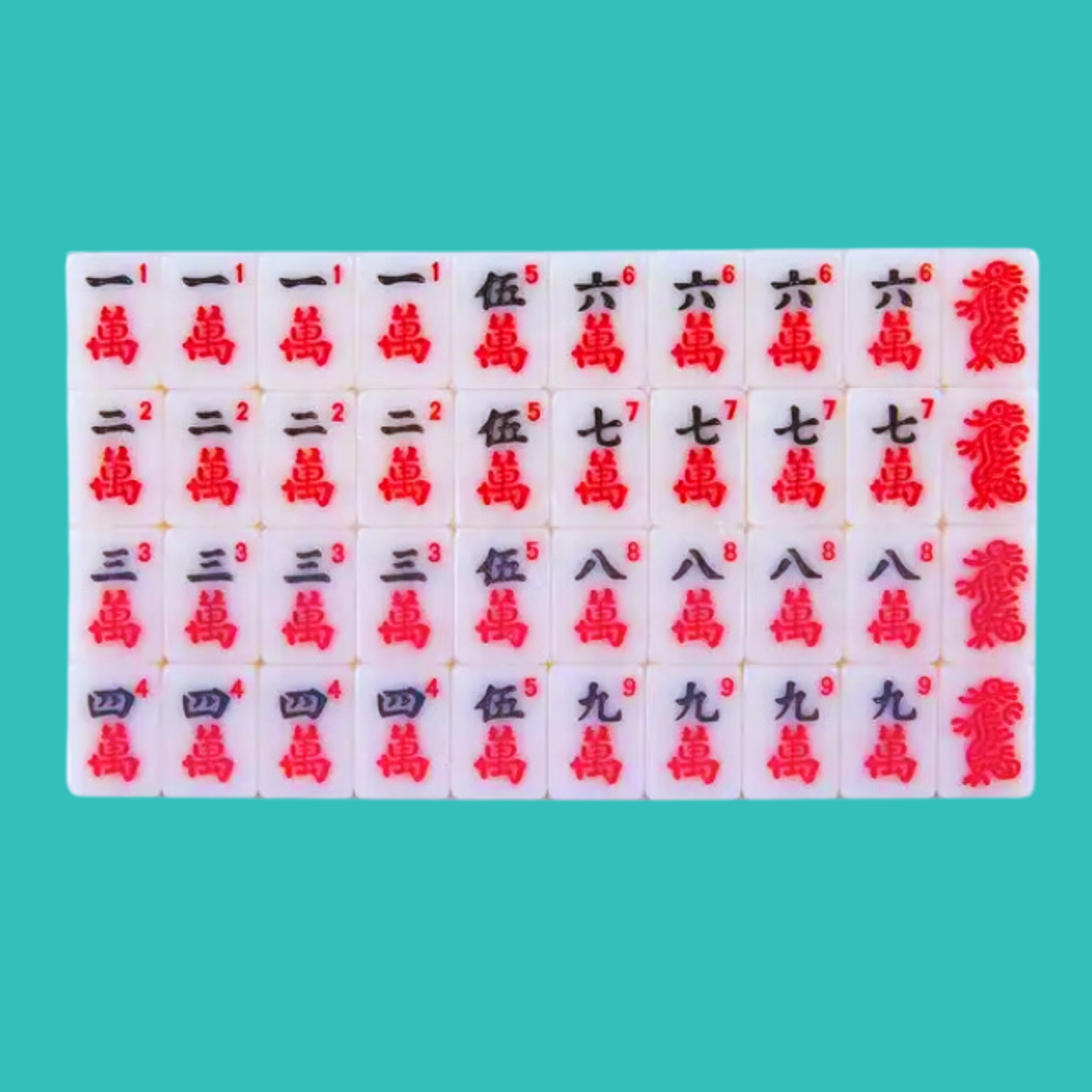 Mahjong Traditional Mini American Series Travel American Mahjongg Tile Set of 166 melamine white tiles, bright pink and teal bag, custom instruction and tips card, 2 colorful dice- crack crak red dragon tiles