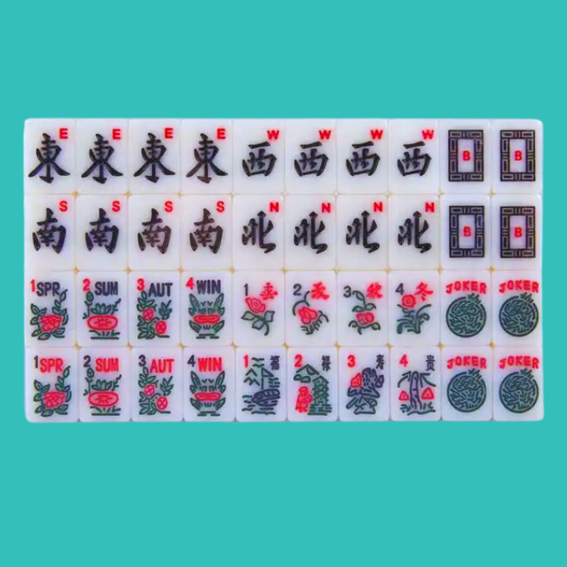 Mahjong Traditional Mini American Series Travel American Mahjongg Tile Set of 166 melamine white tiles, bright pink and teal bag, custom instruction and tips card, 2 colorful dice- Winds White Dragon- soap flower joker tiles