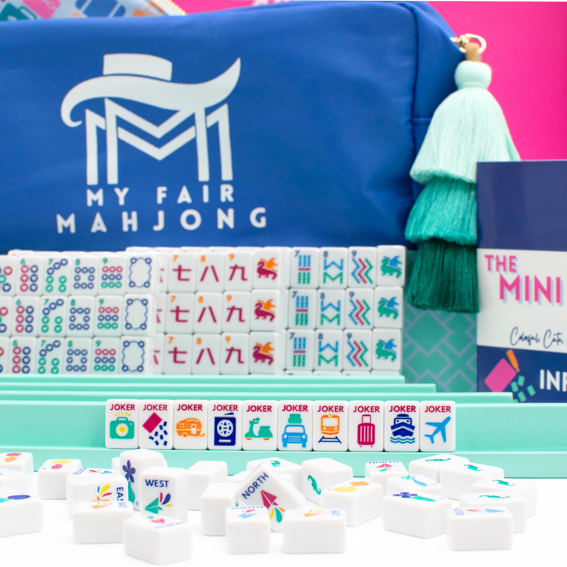 My Fair Mahjong game set with tiles and dice on a blue rack with brand logo.