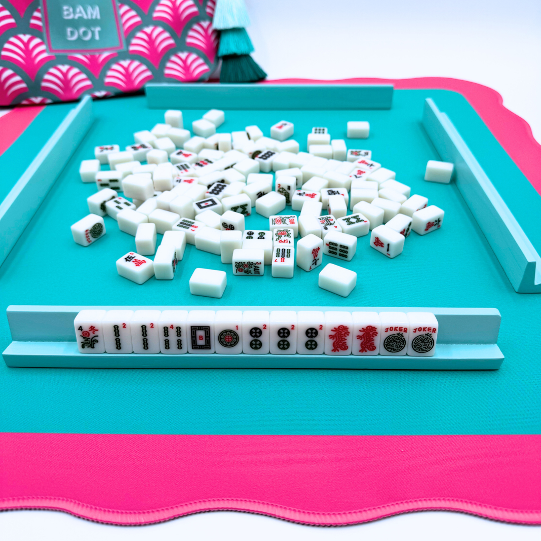 Mahjong Mat with Scalloped Edge in 4 bright color combinations Pink Blue Turquoise Green Orange- Mahjongg Mat Mini Travel Tile Sets