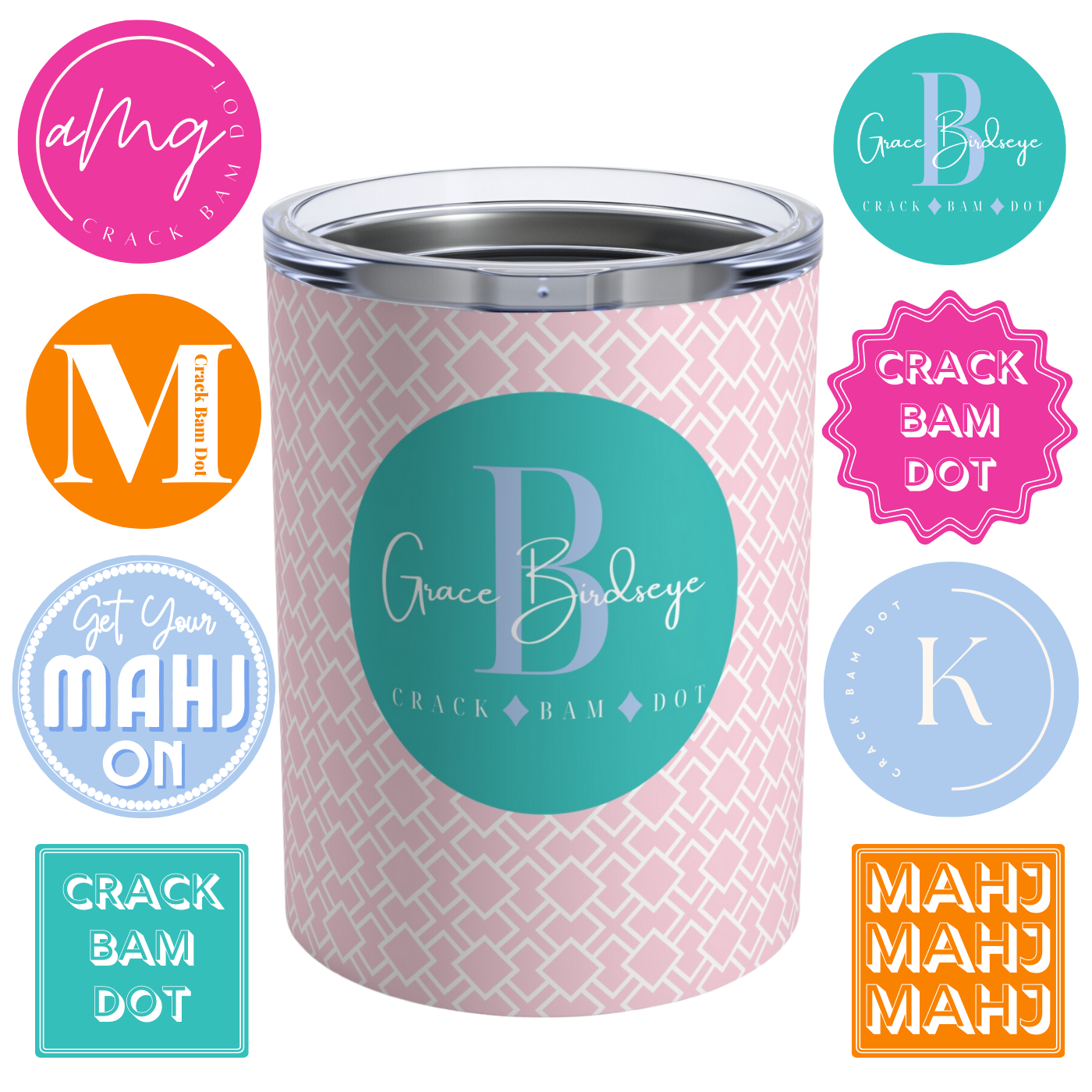 Personalized and Custom Colorful Mahjong Tumbler with Mahjongg tiles Great Gift for Mahj Game Party or Player- Unique Modern Design Pink Blue Green Orange Options for Mah Jongg Cups for Drinks and Cocktails