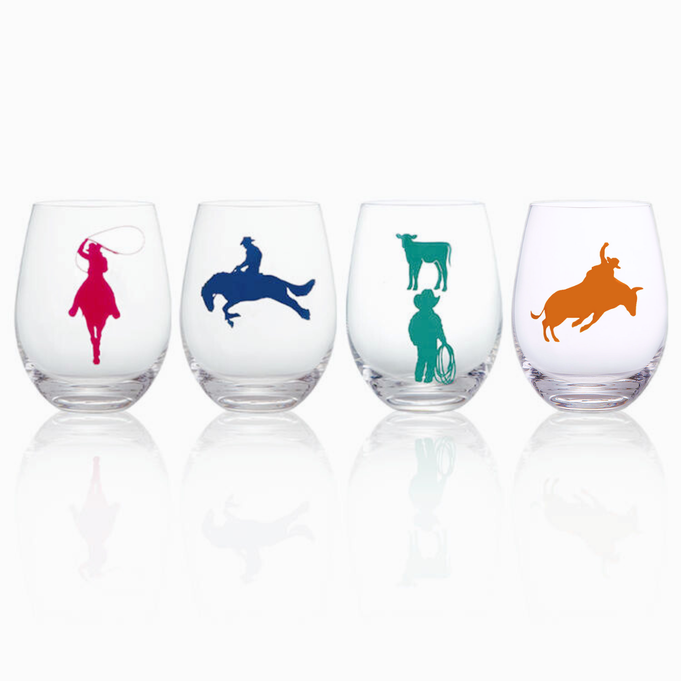 Rodeo Cowgirl Cowboy Wine Glass Set of 4 - Mahjong Texas match  - Texas bull horses calf mustang