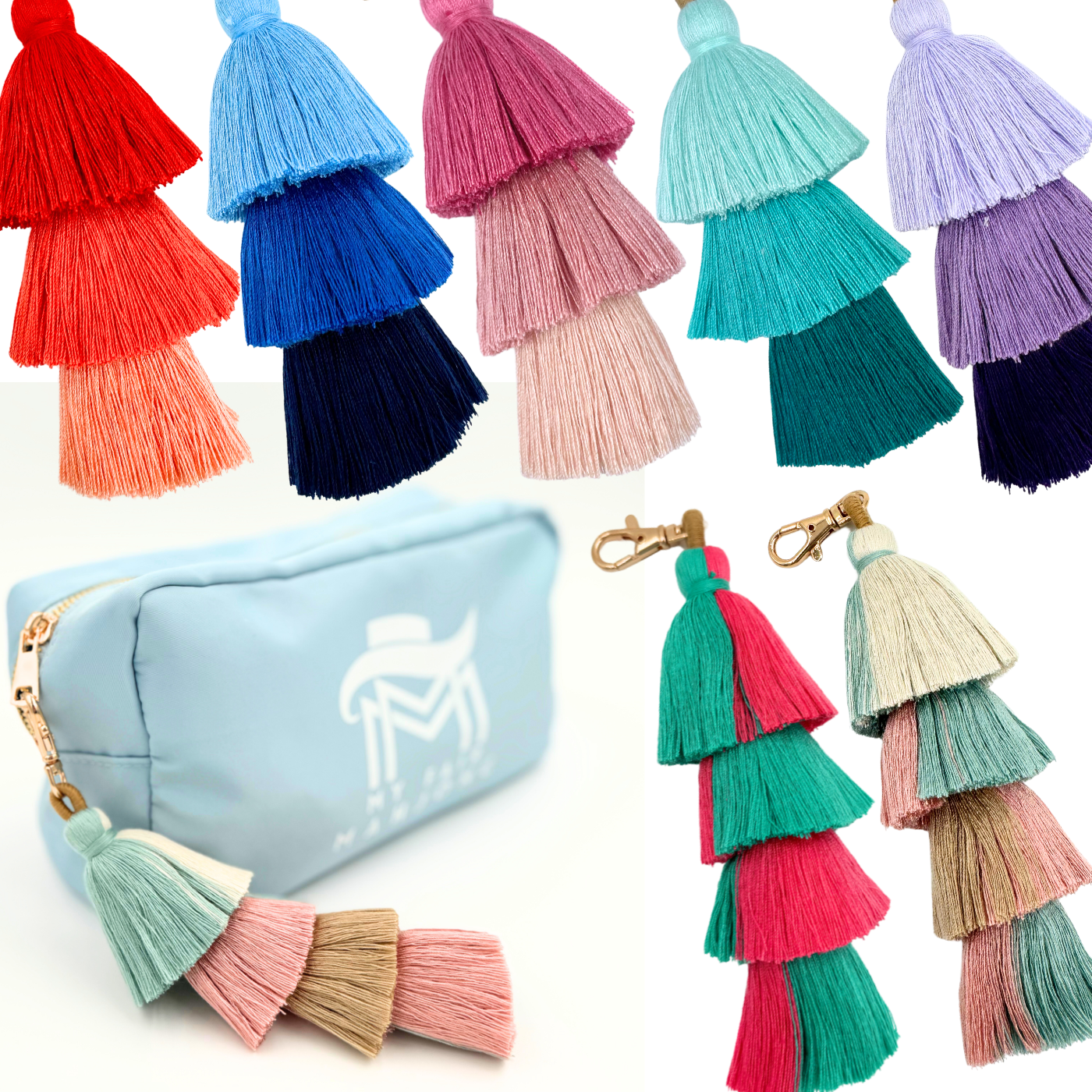 Green Pink purple red blue green multi color multi layer tassel zipper tag purse decoration for mah jongg tile bags Tassle- Key Chain or Mahjong Tile Carrying Bag Accessory