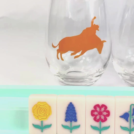 Rodeo Cowgirl Cowboy Wine Glass Set of 4 - Mahjong Texas match  - Texas bull horses calf mustang