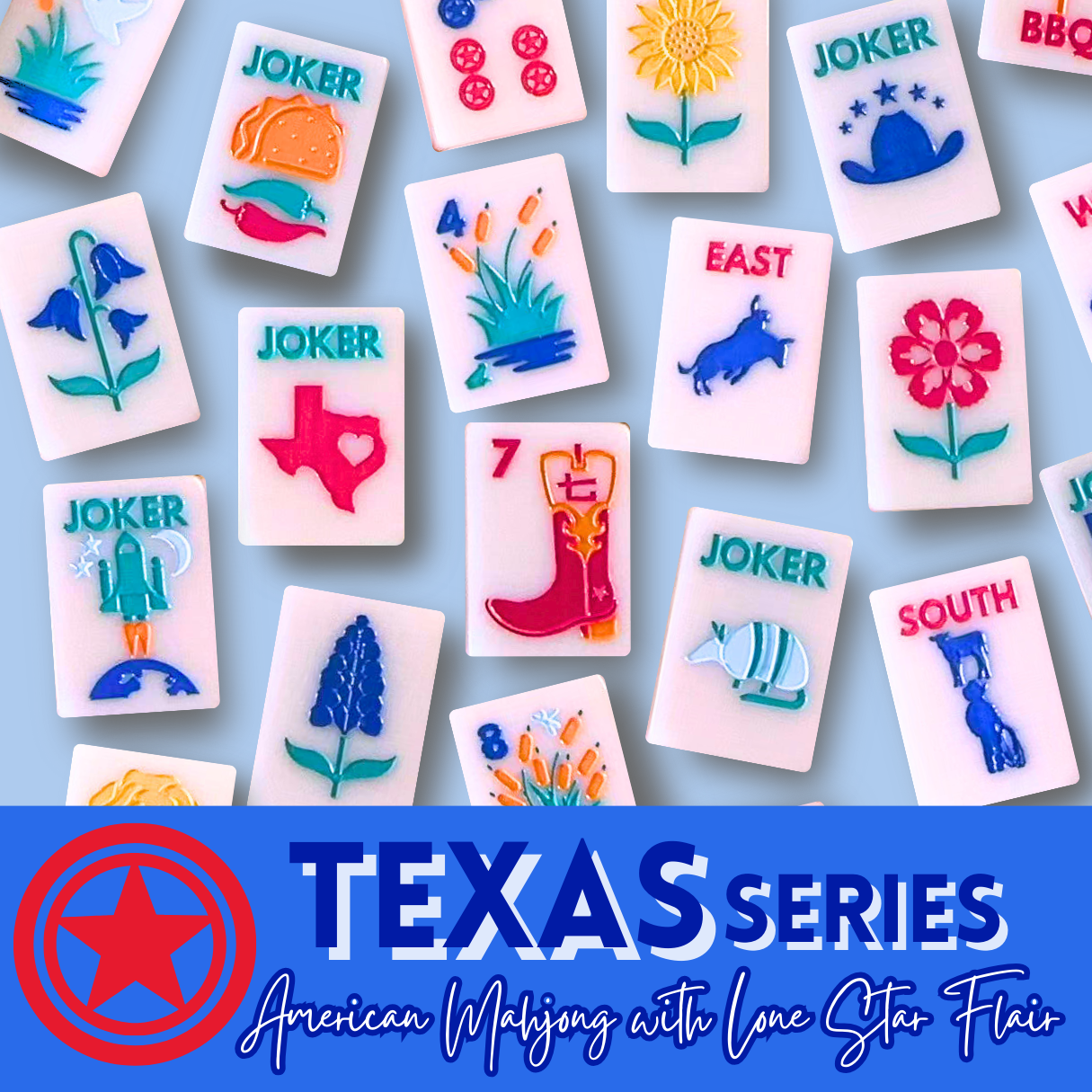 Texas Mahjong Tile Set - American Mahjong Colorful Modern Tiles - Rodeo Bluebonnets Boots Cowboy Hats and More